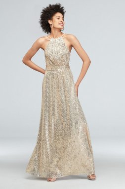Allover Sequin High-Neck Pleated Bridesmaid Dress F20056