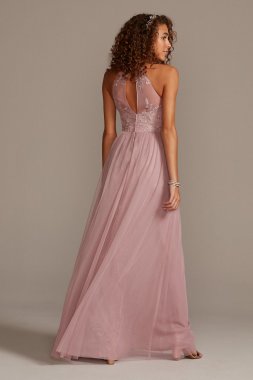 High-Neck Embroidered Soft Net Bridesmaid Dress F20118