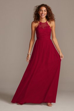 High-Neck Embroidered Soft Net Bridesmaid Dress F20118