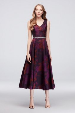 Jacquard V-Neck Tea-Length Bridesmaid Dress OC290027J