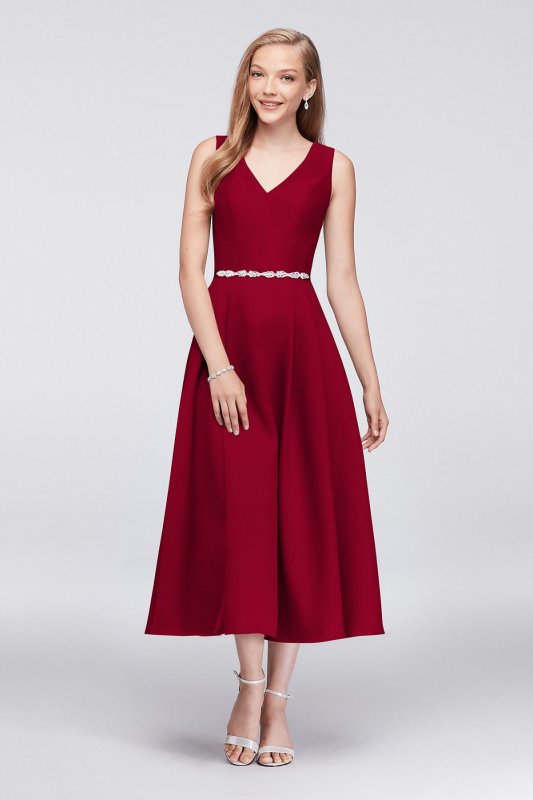 V-Neck Mikado Tea-Length Bridesmaid Dress OC290027
