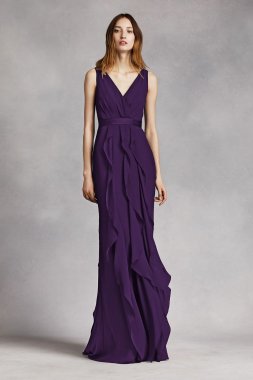 V-Neck Wrapped Bodice Dress with Satin Belt VW360189