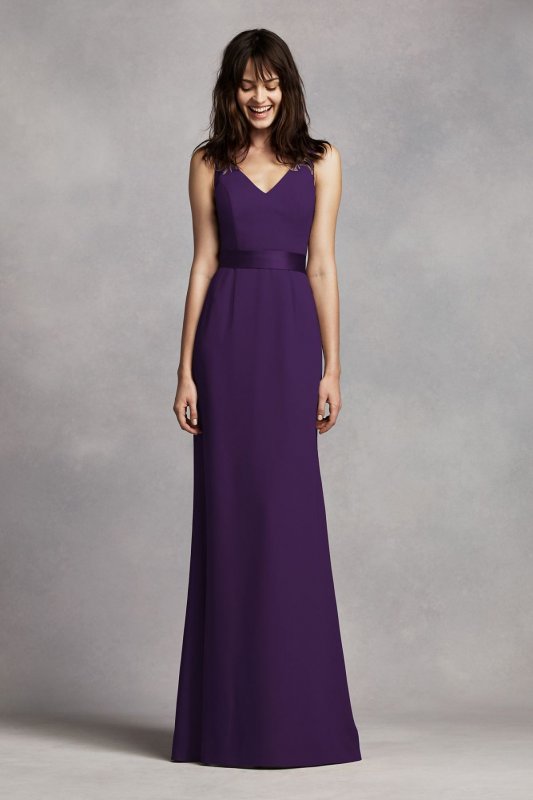 Long V Neck Crepe Gown with Open Back VW360195