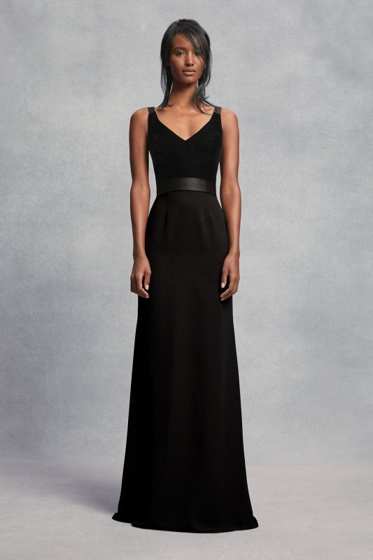 Crepe and Velvet Bridesmaid Dress with Open Back VW360195V