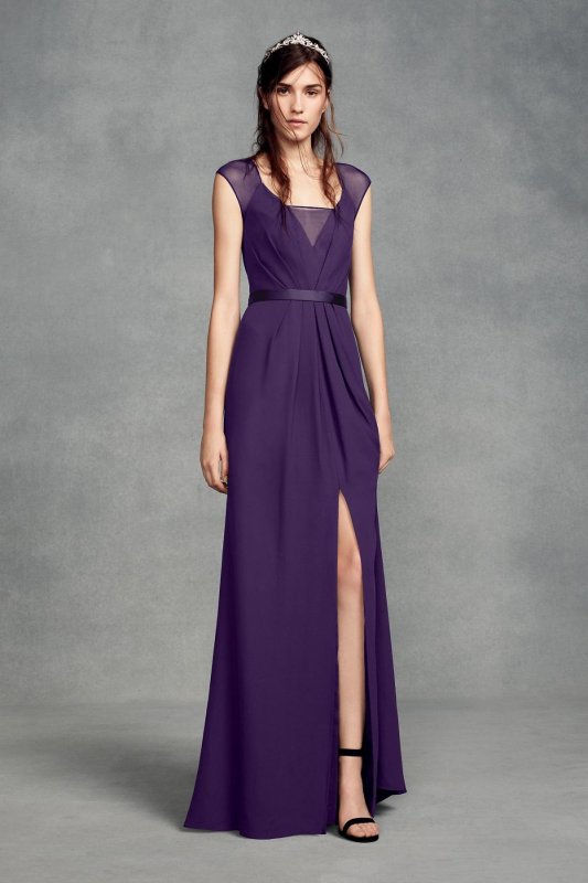 Illusion Cap Sleeve Crepe Bridesmaid Dress VW360377