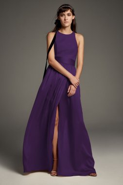 High-Neck Crepe Halter Bridesmaid Gown with Sash VW360463