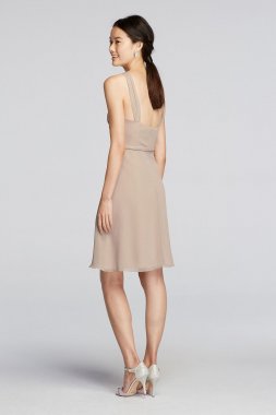 Y-Neck Ruched Bodice Crinkle Chiffon Short Dress W10943