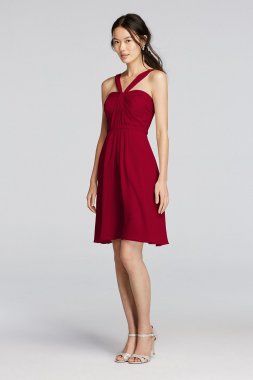 Y-Neck Ruched Bodice Crinkle Chiffon Short Dress W10943