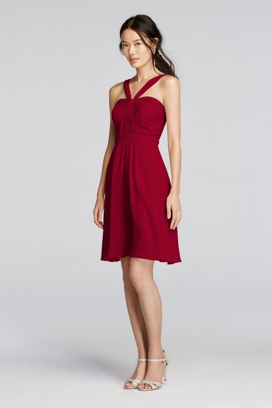 Y-Neck Ruched Bodice Crinkle Chiffon Short Dress W10943