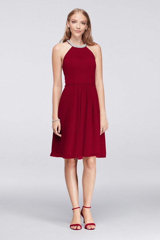 Short Chiffon Dress with Beaded Illusion Neckline W11082