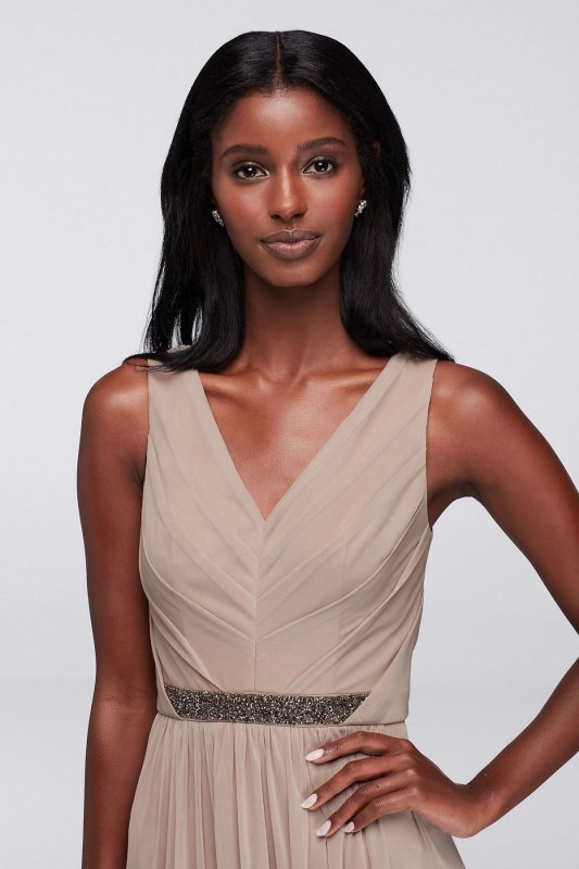 Long Mesh Dress with Beaded Waistband W11092