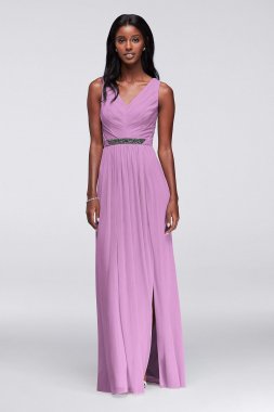Long Mesh Dress with Beaded Waistband W11092