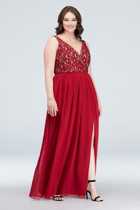 V-Neck Illusion Lace and Mesh Dress W11104