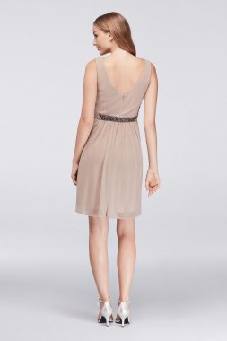 Short Mesh Dress with V-Neck and Beaded Detail W11174