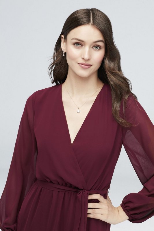 Long Sleeve Chiffon Faux-Wrap Dress W60041