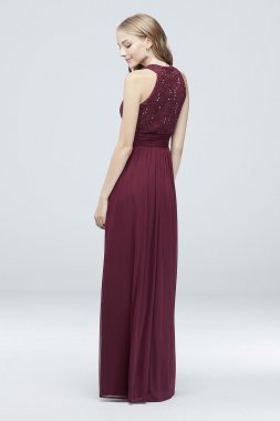 High-Neck Sequin Lace and Chiffon Dress W60081