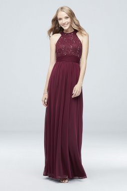 High-Neck Sequin Lace and Chiffon Dress W60081