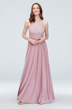 High-Neck Caviar Beaded Floral Chiffon Dress W60087