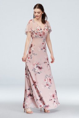 Flutter Sleeve Floral Chiffon Dress W60090