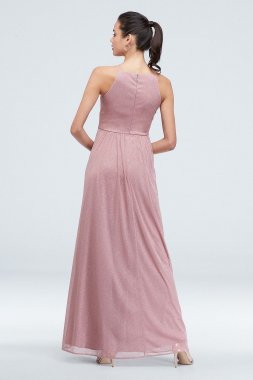 High Neck Pleated Crisscross Glitter Chiffon Dress W60093