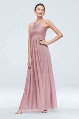 High Neck Pleated Crisscross Glitter Chiffon Dress W60093