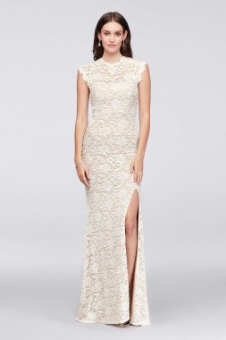 High-Neck Allover Lace Sheath Gown with Open Back 10586D