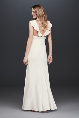 Plunging V-Neck Ruffle Strap Low Back Crepe Gown 10982