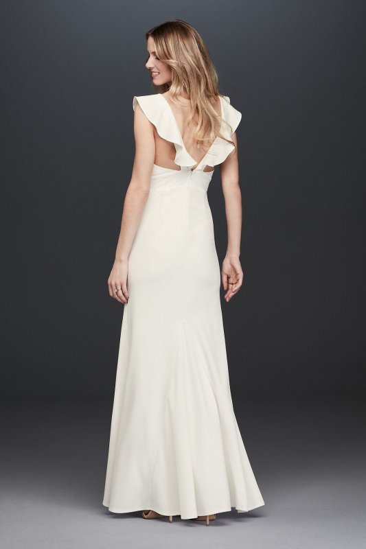 Plunging V-Neck Ruffle Strap Low Back Crepe Gown 10982