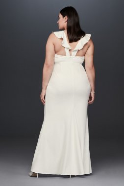 Plunging V Ruffle Strap Plus Size Crepe Gown 10982W