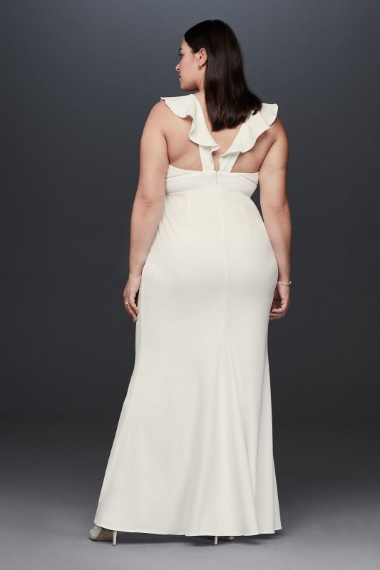 Plunging V Ruffle Strap Plus Size Crepe Gown 10982W