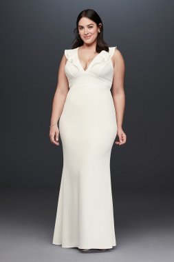 Plunging V Ruffle Strap Plus Size Crepe Gown 10982W