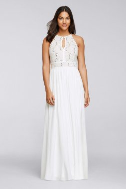 Long Halter Dress with Glitter Lace Bodice 12203