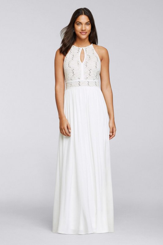 Long Halter Dress with Glitter Lace Bodice 12203