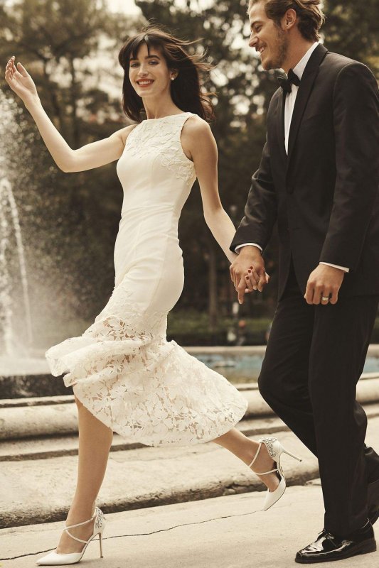 Short Crepe Dress with Asymmetric Lace Flounce 184765DB