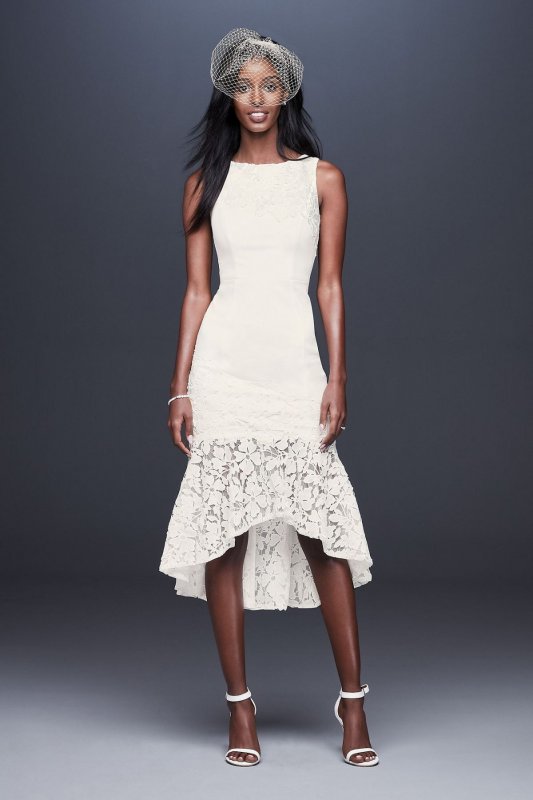 Short Crepe Dress with Asymmetric Lace Flounce 184765DB