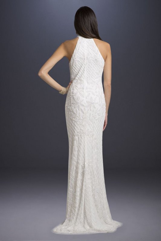 Lattice-Beaded Halter Neck Sheath Wedding Dress 51003