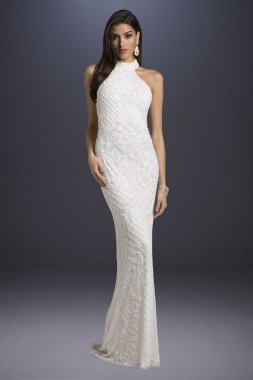 Lattice-Beaded Halter Neck Sheath Wedding Dress 51003