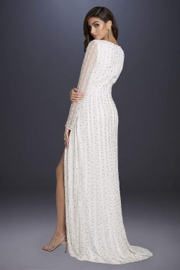 Blair Long-Sleeve Beaded Surplice Sheath Gown 51007