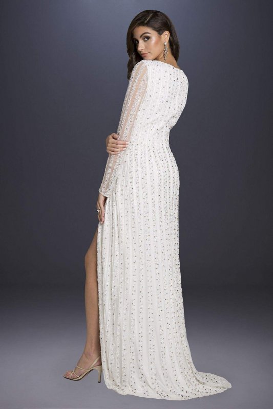 Blair Long-Sleeve Beaded Surplice Sheath Gown 51007