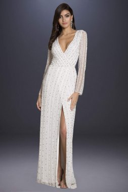 Blair Long-Sleeve Beaded Surplice Sheath Gown 51007