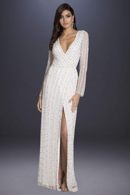 Blair Long-Sleeve Beaded Surplice Sheath Gown 51007