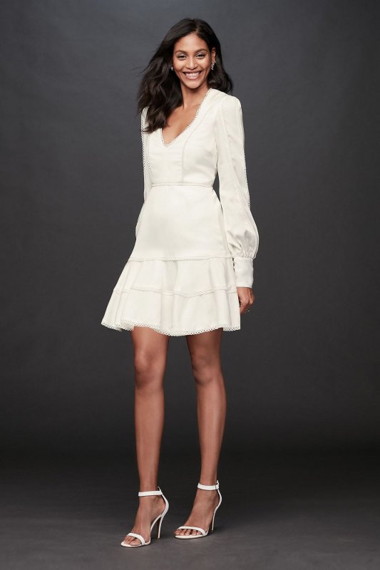 Crochet V-Neck Mini Dress with Flounce Hem Bardot 52573DBX