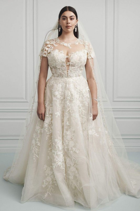 Cap Sleeve Lace Illusion Plus Size Wedding Dress 8CWG833