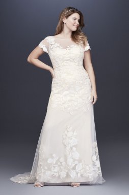 Floral Illusion Cap Sleeve Plus Size Wedding Dress 8MS251199