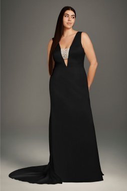 Crepe-Back Satin Encrusted Bandeau Plus Size Gown 8VW351465