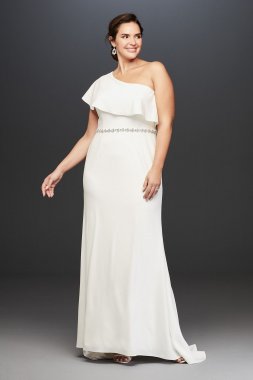 One Shoulder Flounce Crepe Plus Size Belted Sheath 9SDWG0752