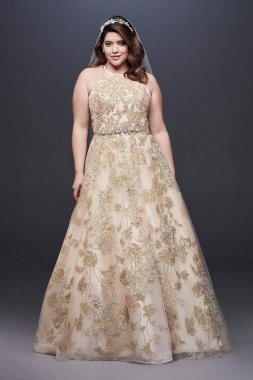 Allover Lace Applique Halter Plus Size Ball Gown 9SWG801