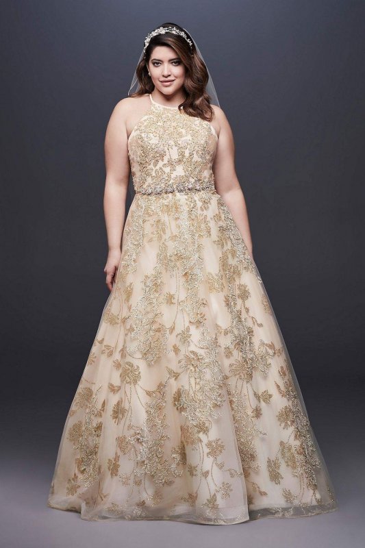 Allover Lace Applique Halter Plus Size Ball Gown 9SWG801