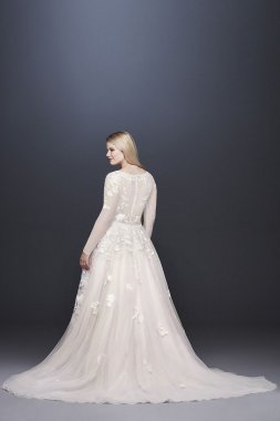 Illusion Sleeve Plunging Plus Size Wedding Dress 9SWG820