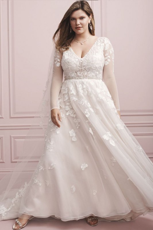 Illusion Sleeve Plunging Plus Size Wedding Dress 9SWG820